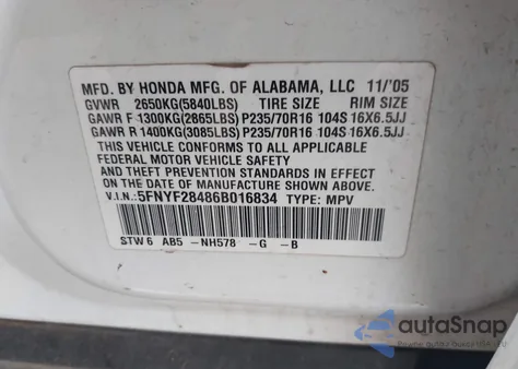 2006 Honda Pilot Ex z USA, uszkodzony, nr VIN 5FNYF28486B016834